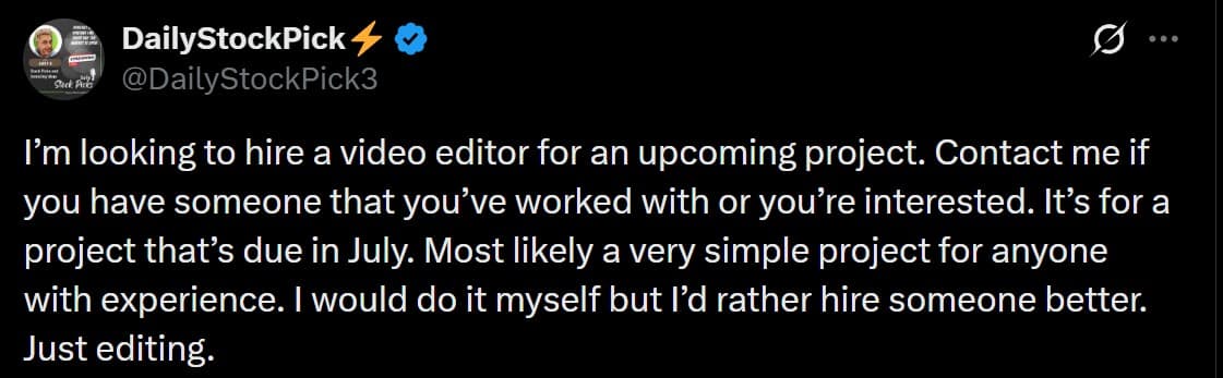 Post de um criador de conteúdo dos Estados Unidos procurando editor de vídeo